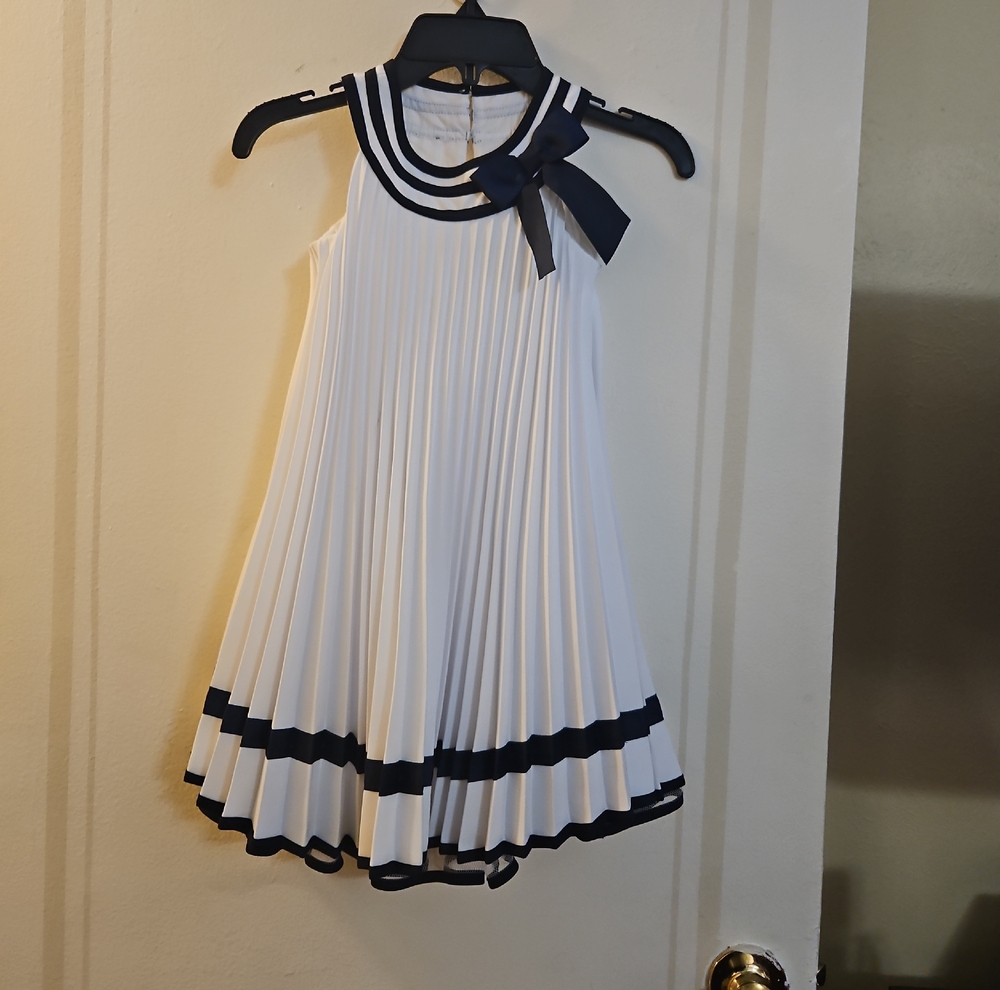Bonnie Jean Elegant White Dress with Navy Accents, Size 4